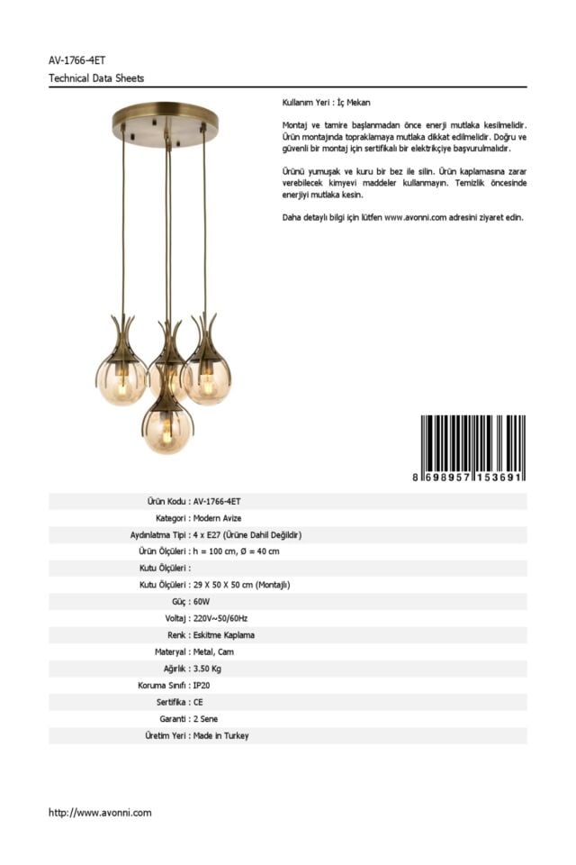 Kasım Modern Avize E27 48W 40cm Metal Eskitme Avonni-AV-1766-4ET