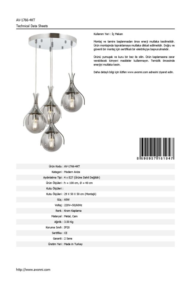 Kasım Modern Avize E27 48W 40cm Metal Krom Avonni-AV-1766-4KT