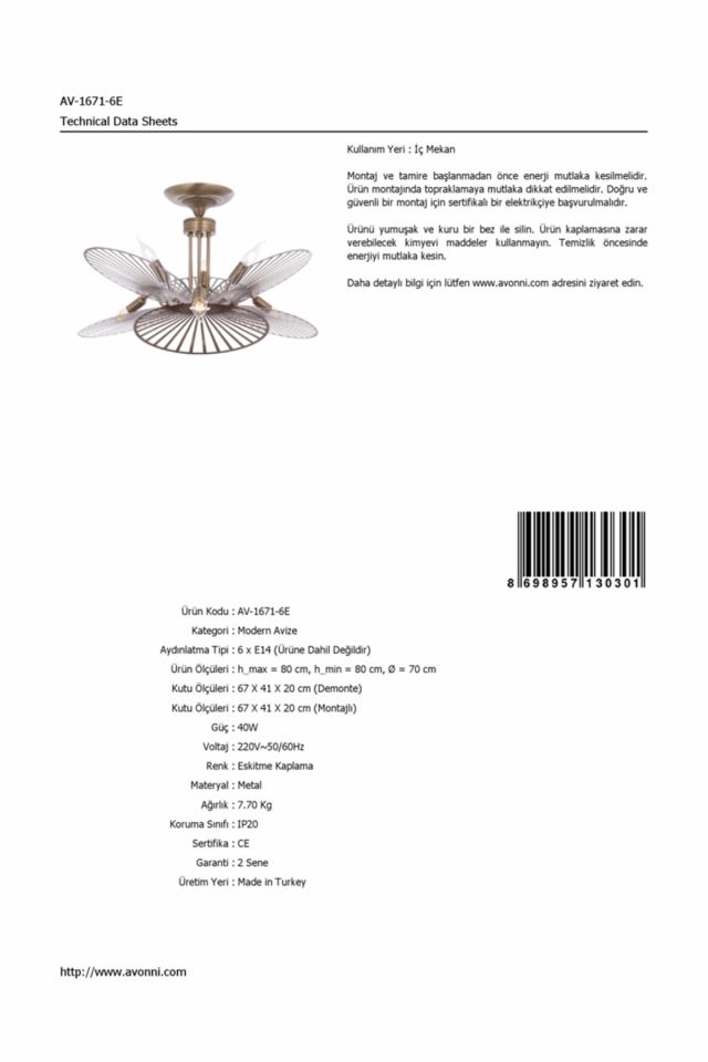 Pilea Modern Avize E14 36W 70cm Metal Eskitme Avonni-AV-1671-6E