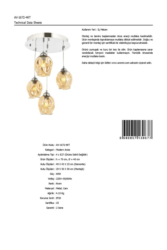 Form Modern Avize E27 48W 40cm Metal Krom Avonni-AV-1672-4KT
