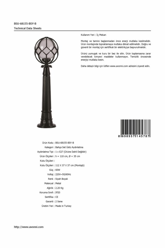 Bahçe Set Üstü Aydınlatma E27 12W 35cm ABS Siyah Dorbien-BSU-68155-BSY-B