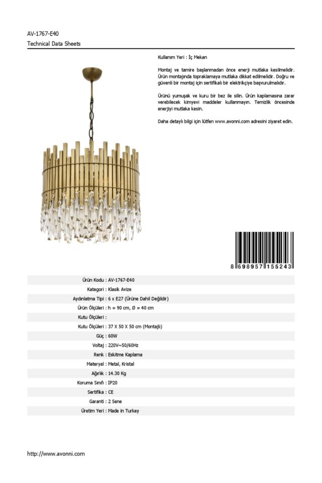 Ekin Klasik Avize E27 72W 40cm Metal Eskitme Avonni-AV-1767-E40