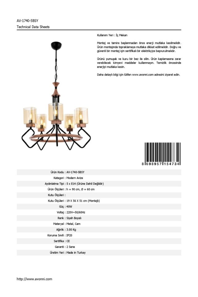Konsey Modern Avize E14 30W 60cm Metal Siyah Avonni-AV-1740-5BSY
