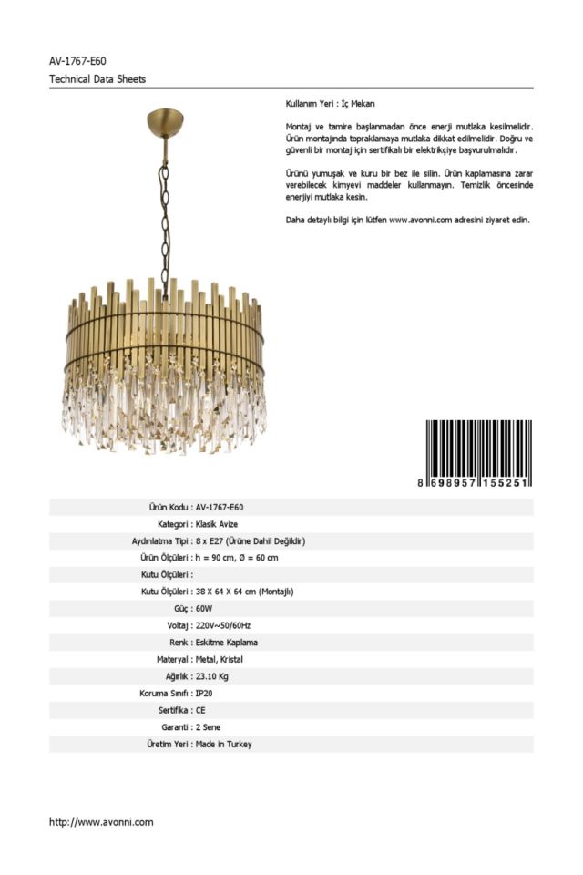 Ekin Klasik Avize E27 96W 60cm Metal Eskitme Avonni-AV-1767-E60
