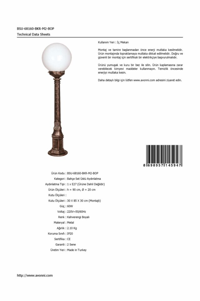 Bahçe Set Üstü Aydınlatma E27 12W 20cm ABS Kahverengi Dorbien-BSU-68160-BKR-M2-BOP