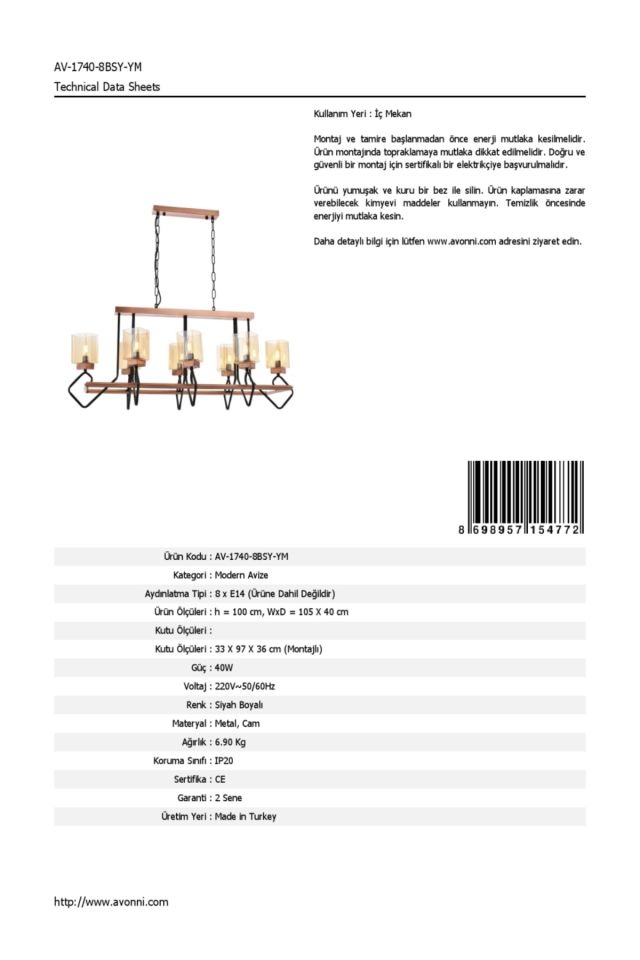 Konsey Modern Avize E14 48W 105x40cm Metal Siyah Avonni-AV-1740-8BSY-YM