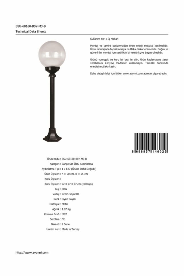 Bahçe Set Üstü Aydınlatma E27 12W 25cm ABS Siyah Dorbien-BSU-68160-BSY-M3-B