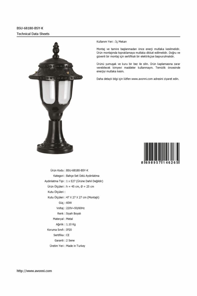 Bahçe Set Üstü Aydınlatma E27 12W 25cm ABS Siyah Dorbien-BSU-68180-BSY-K