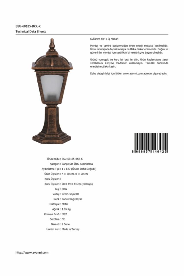 Bahçe Set Üstü Aydınlatma E27 12W 20cm ABS Kahverengi Dorbien-BSU-68185-BKR-K