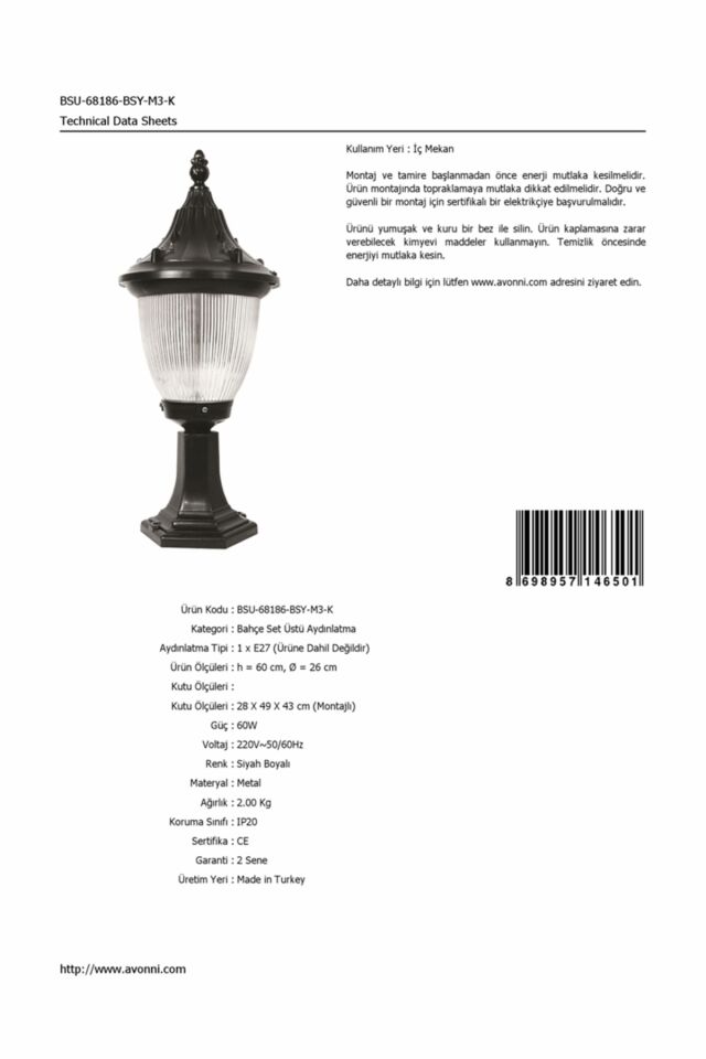 Bahçe Set Üstü Aydınlatma E27 12W 26cm ABS Siyah Dorbien-BSU-68186-BSY-M3-K