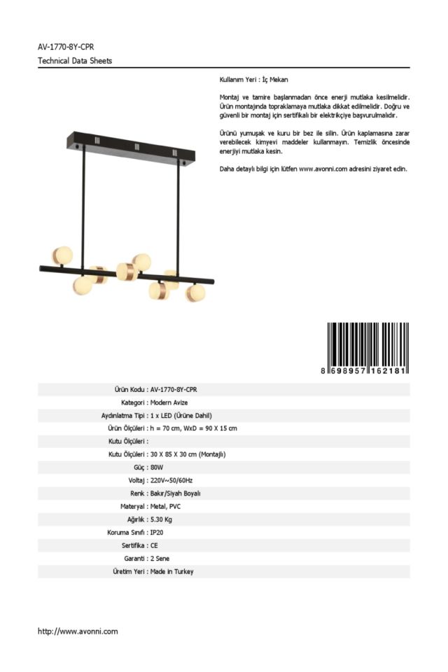 Roll Modern Avize LED 80W 90x15cm Metal Bakır Avonni-AV-1770-8Y-CPR