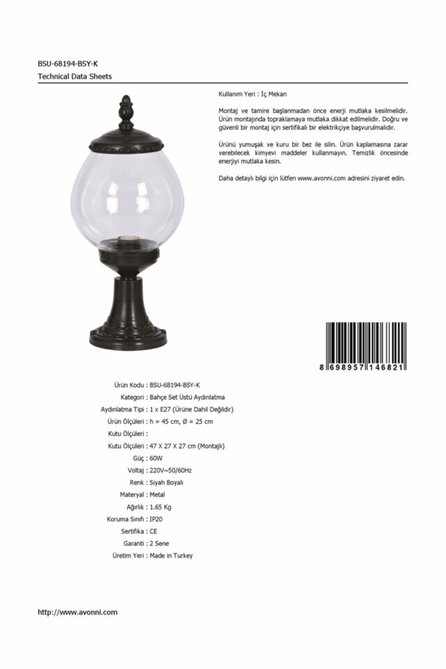 Bahçe Set Üstü Aydınlatma E27 12W 25cm ABS Siyah Dorbien-BSU-68194-BSY-K