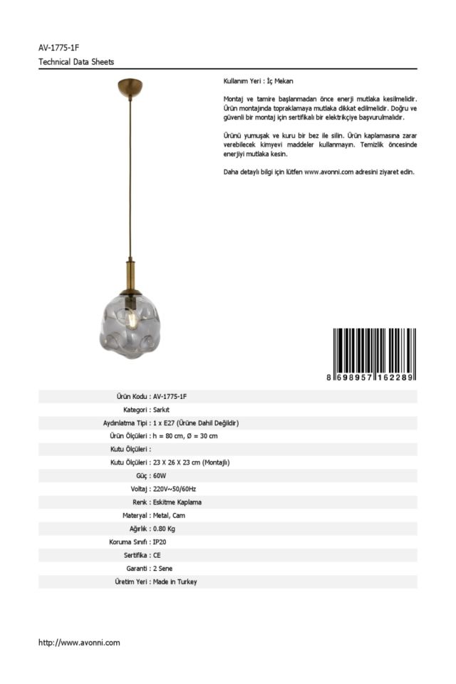 Snow Modern Avize E27 12W 30cm Metal Eskitme Avonni-AV-1775-1F