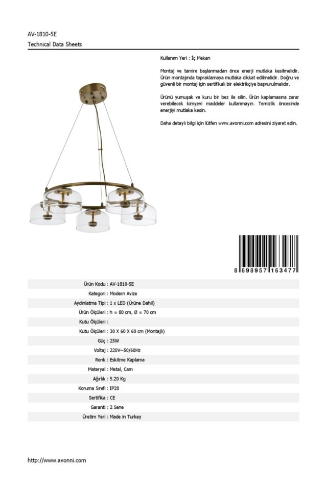 Latvian Modern Avize LED 25W 70cm Metal Eskitme Avonni-AV-1810-5E