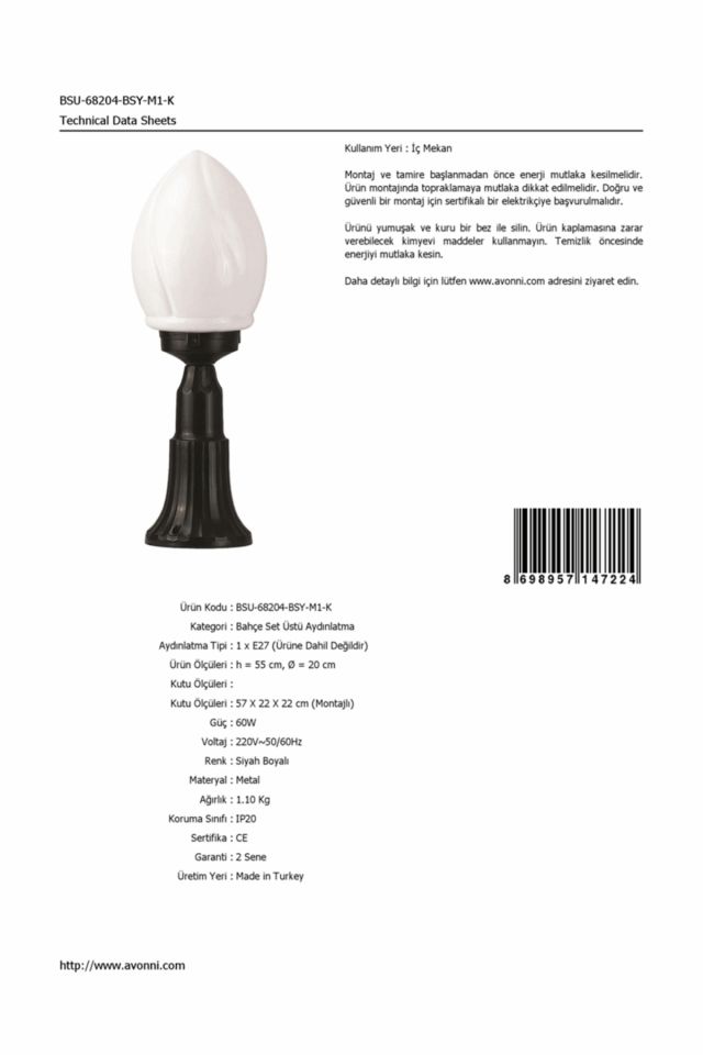 Bahçe Set Üstü Aydınlatma E27 12W 20cm ABS Siyah Dorbien-BSU-68204-BSY-M1-K