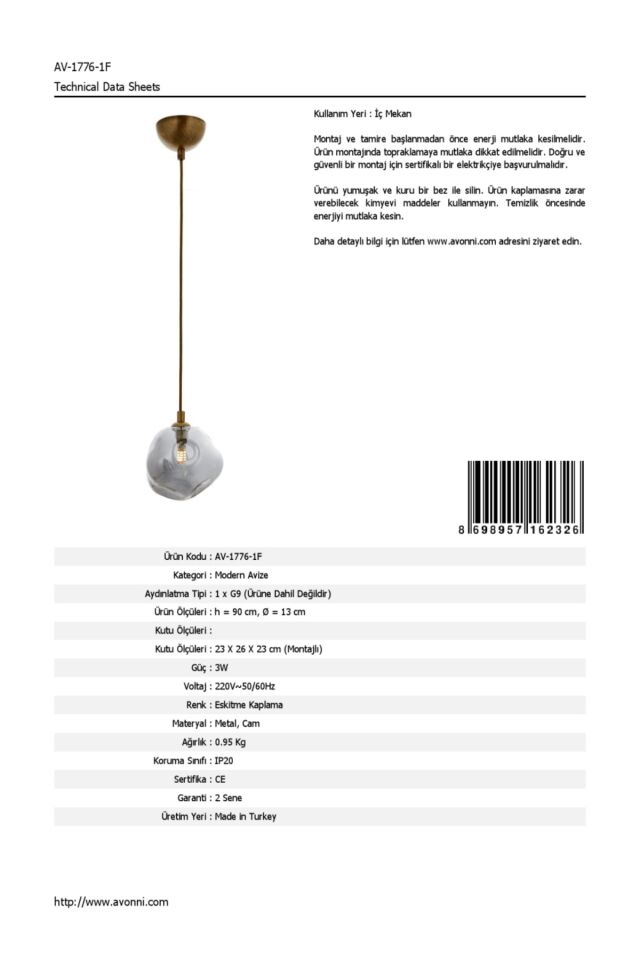 Snow Modern Avize G9 5W 13cm Metal Eskitme Avonni-AV-1776-1F