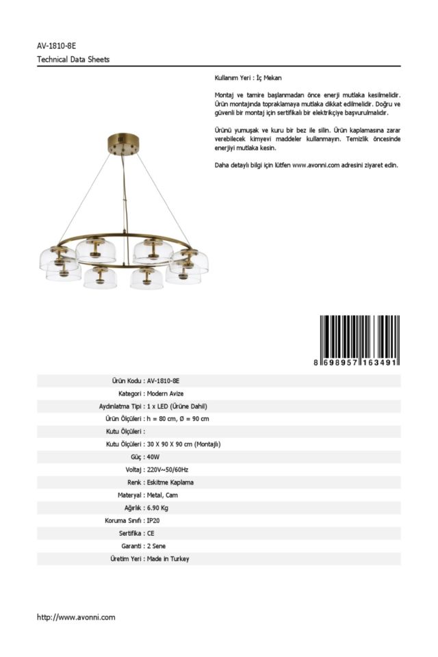 Latvian Modern Avize LED 40W 90cm Metal Eskitme Avonni-AV-1810-8E