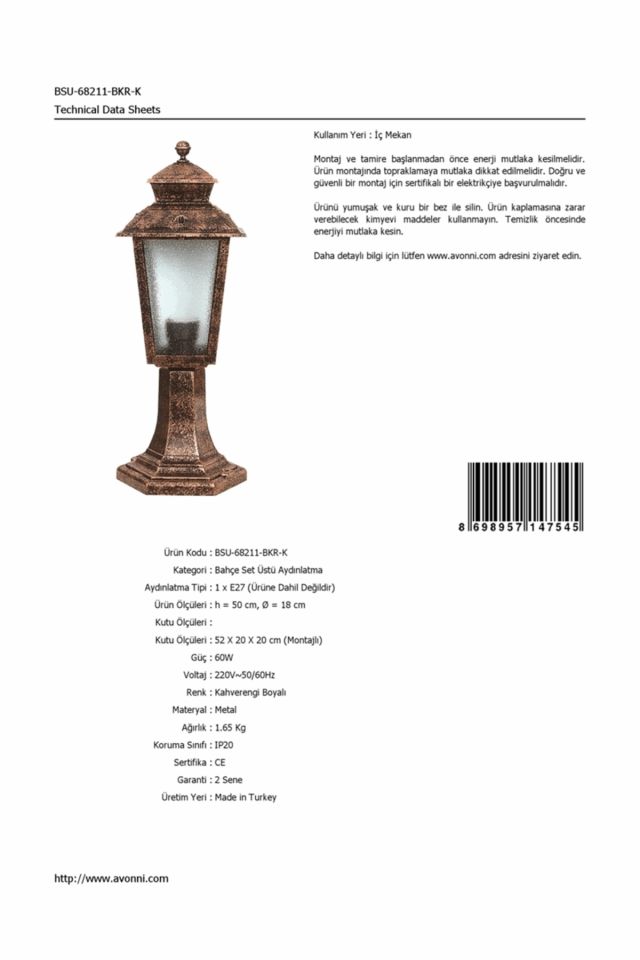 Bahçe Set Üstü Aydınlatma E27 12W 18cm ABS Kahverengi Dorbien-BSU-68211-BKR-K