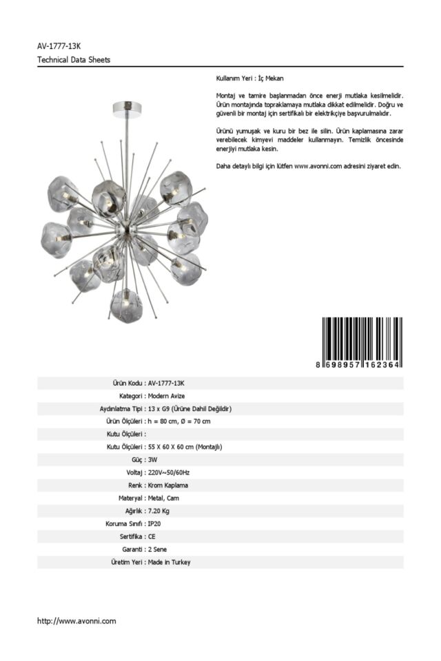 Snow Modern Avize G9 65W 70cm Metal Krom Avonni-AV-1777-13K