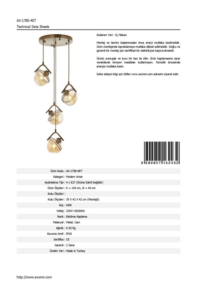 Eliz Modern Avize E27 48W 40cm Metal Eskitme Avonni-AV-1780-4ET