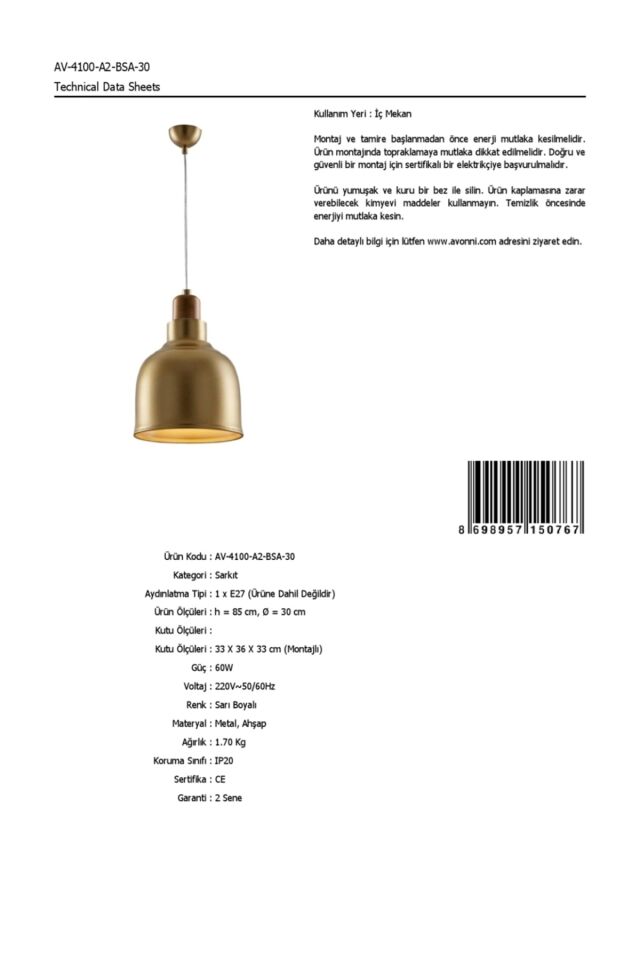 Mimoza Modern Avize E27 12W 30cm Metal Sarı Avonni-AV-4100-A2-BSA-30