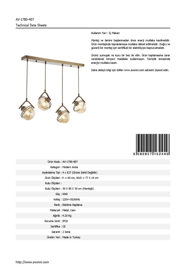 Eliz Modern Avize E27 48W 77x14cm Metal Eskitme Avonni-AV-1780-4EY