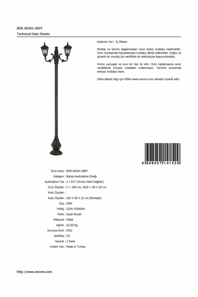 Bahçe Direkleri E27 24W 80x20cm Çelik Boru Siyah Dorbien-BDR-68181-2BSY