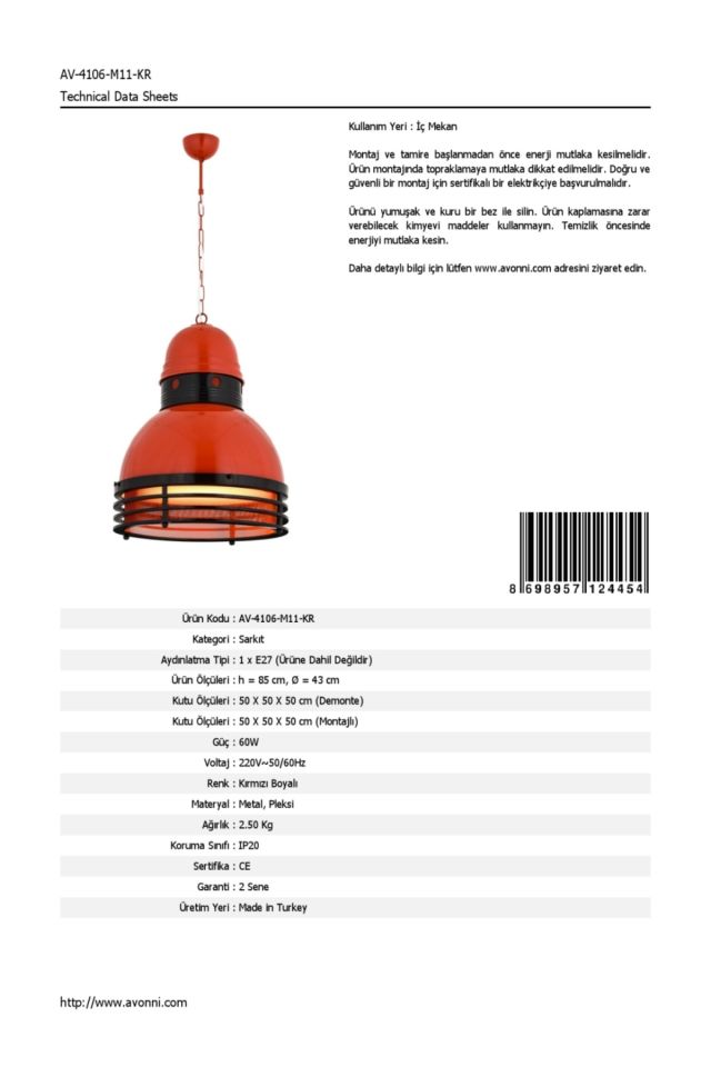 Akasya Modern Avize E27 12W 43cm Metal Kırmızı Avonni-AV-4106-M11-KR