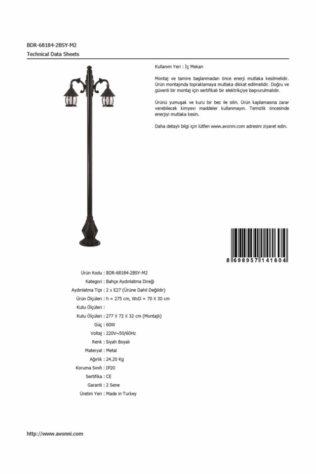Bahçe Direkleri E27 24W 70x30cm Çelik Boru Siyah Dorbien-BDR-68184-2BSY-M2
