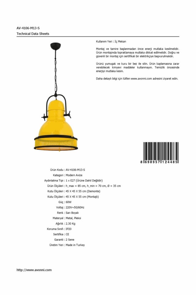 Akasya Modern Avize E27 12W 35cm Metal Sarı Avonni-AV-4106-M13-S