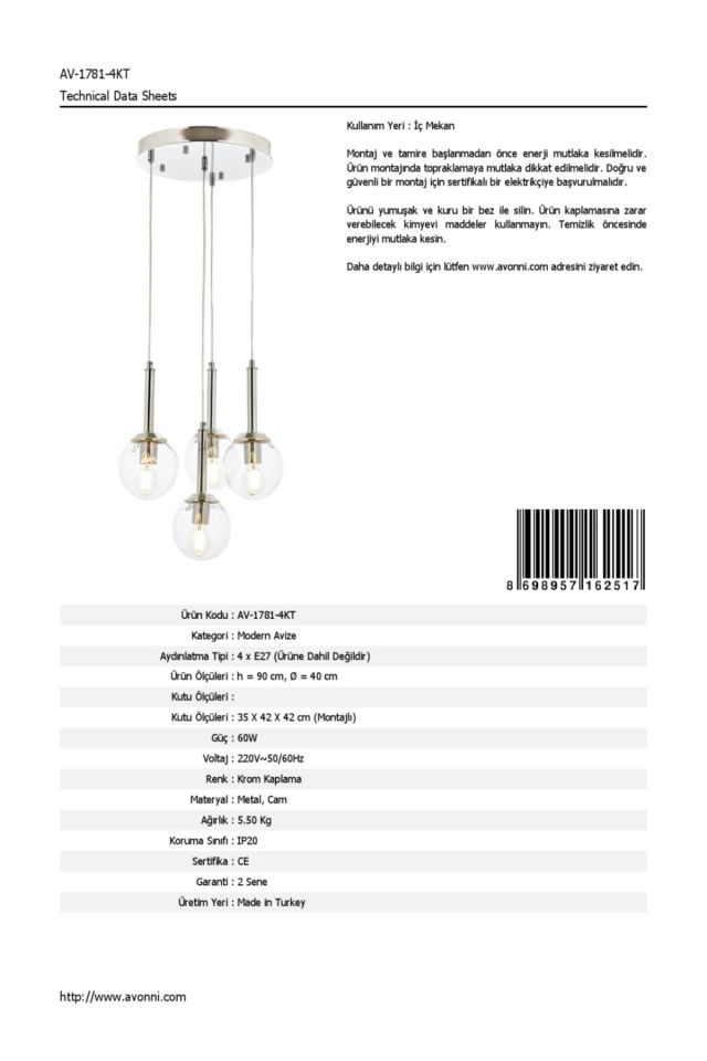 Ada Modern Avize E27 48W 40cm Metal Krom Avonni-AV-1781-4KT