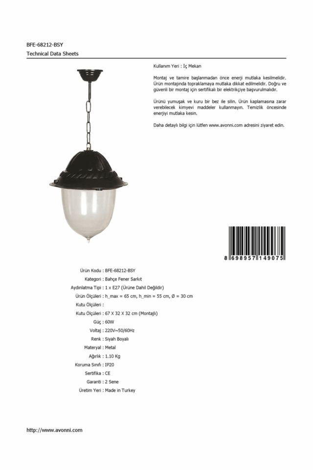 Bahçe Fenerleri E27 12W 30cm ABS Siyah Dorbien-BFE-68212-BSY