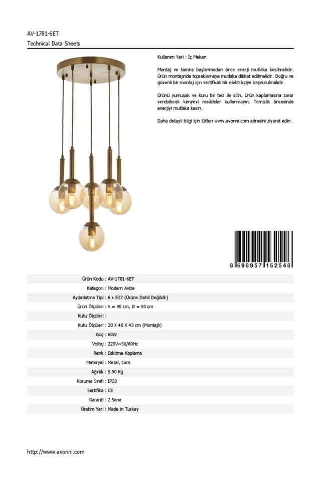 Ada Modern Avize E27 72W 50cm Metal Eskitme Avonni-AV-1781-6ET