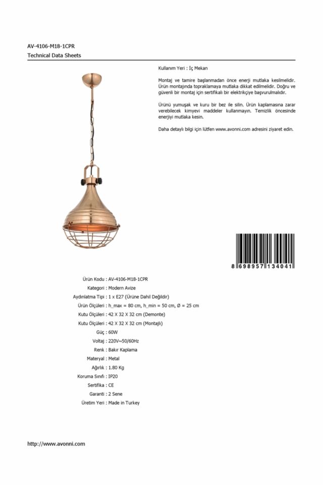 Akasya Modern Avize E27 12W 25cm Metal Bakır Avonni-AV-4106-M18-1CPR