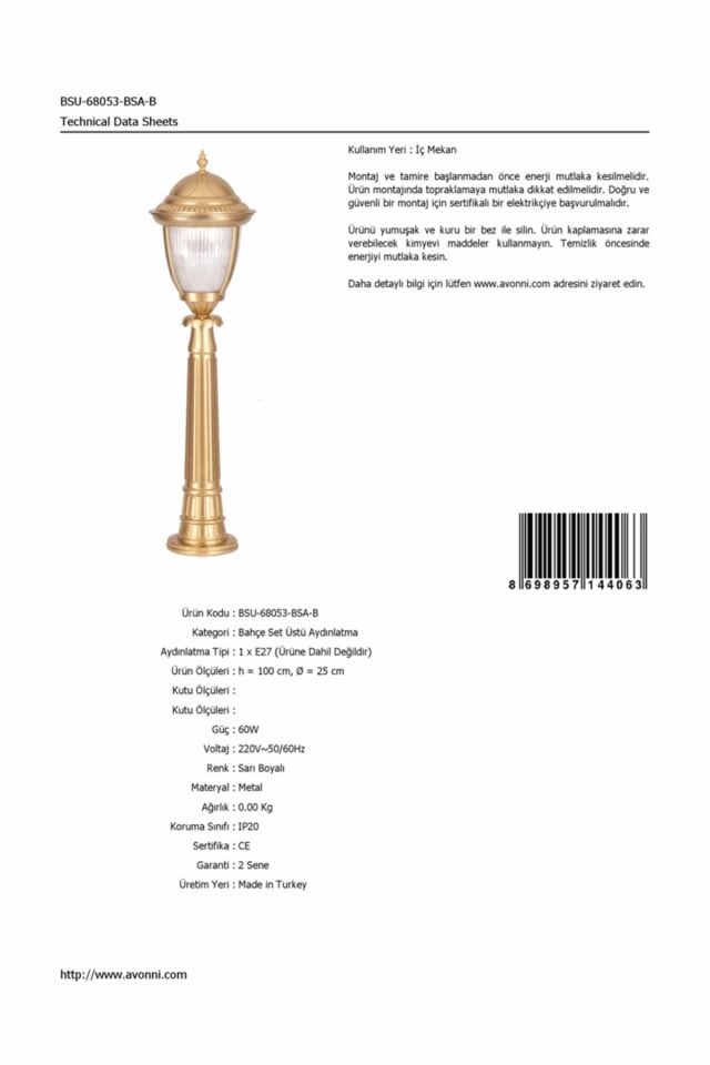 Bahçe Set Üstü Aydınlatma E27 12W 25cm Alüminyum Sarı Dorbien-BSU-68053-BSA-B