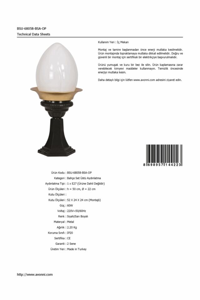 Bahçe Set Üstü Aydınlatma E27 12W 22cm Alüminyum Sarı/Siyah Dorbien-BSU-68058-BSA-OP