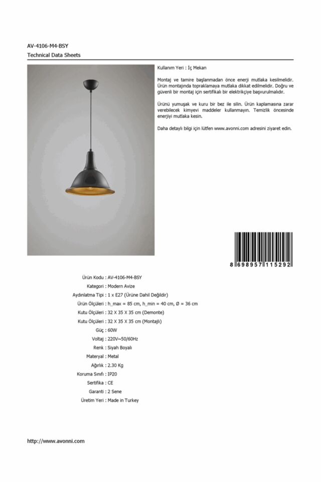 Akasya Modern Avize E27 12W 36cm Metal Siyah Avonni-AV-4106-M4-BSY