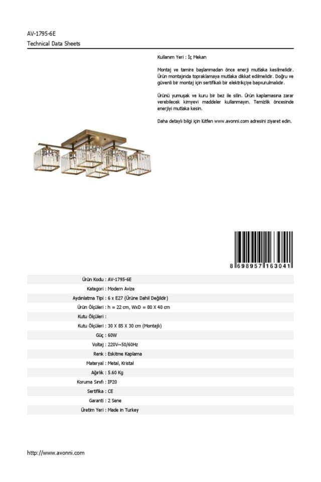 Trap Modern Avize E27 72W 80x40cm Metal Eskitme Avonni-AV-1795-6E