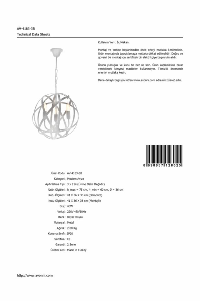 Sımona Modern Avize E14 18W 36cm Metal Beyaz Avonni-AV-4183-3B