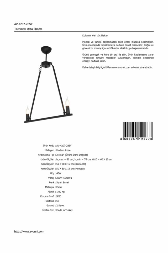 Melısa Modern Avize E14 12W 60x10cm Metal Siyah Avonni-AV-4207-2BSY