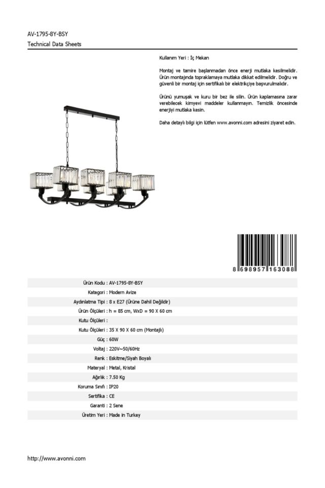 Trap Modern Avize E27 96W 90x60cm Metal Eskitme/Siyah Avonni-AV-1795-8Y-BSY
