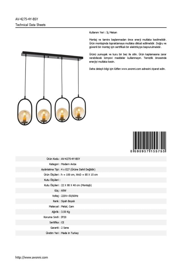 Catch Modern Avize E27 48W 85x15cm Metal Siyah Avonni-AV-4275-4Y-BSY