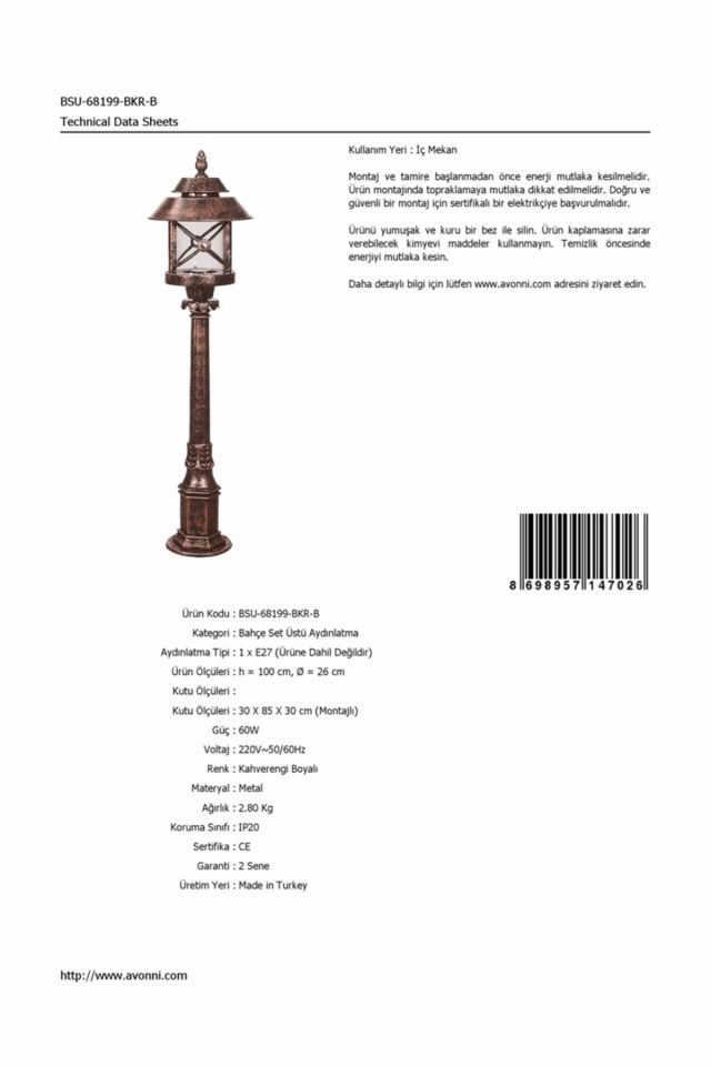 Bahçe Set Üstü Aydınlatma E27 12W 26cm ABS Kahverengi Dorbien-BSU-68199-BKR-B