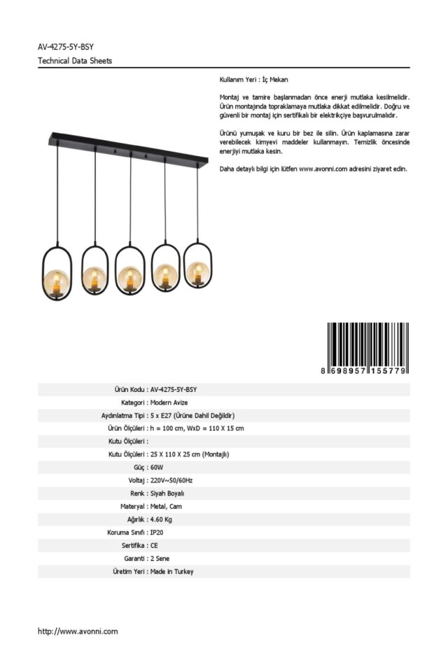 Catch Modern Avize E27 60W 110x15cm Metal Siyah Avonni-AV-4275-5Y-BSY