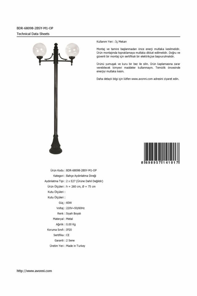 Bahçe Direkleri E27 24W 75cm Alüminyum Siyah Dorbien-BDR-68098-2BSY-M1-OP