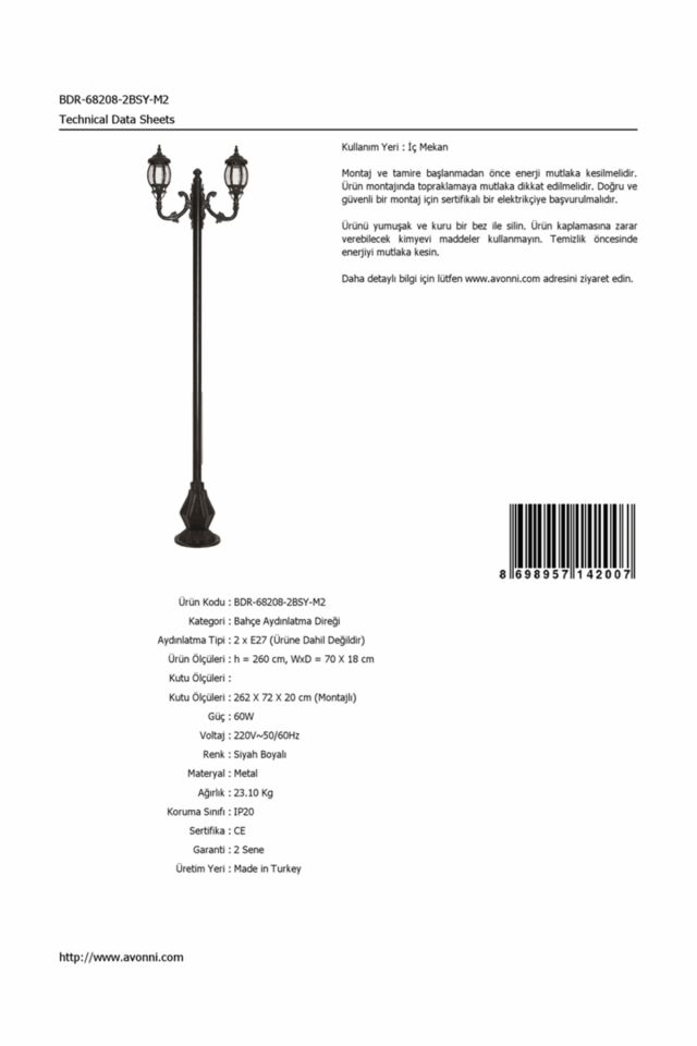 Bahçe Direkleri E27 24W 70x18cm Çelik Boru Siyah Dorbien-BDR-68208-2BSY-M2