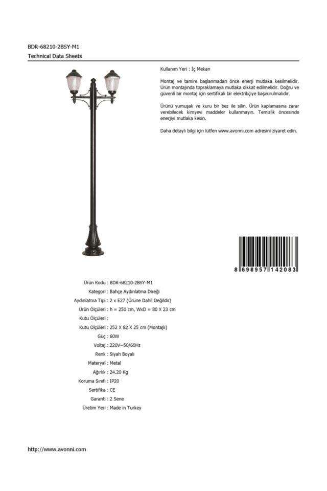 Bahçe Direkleri E27 24W 80x23cm Çelik Boru Siyah Dorbien-BDR-68210-2BSY-M1