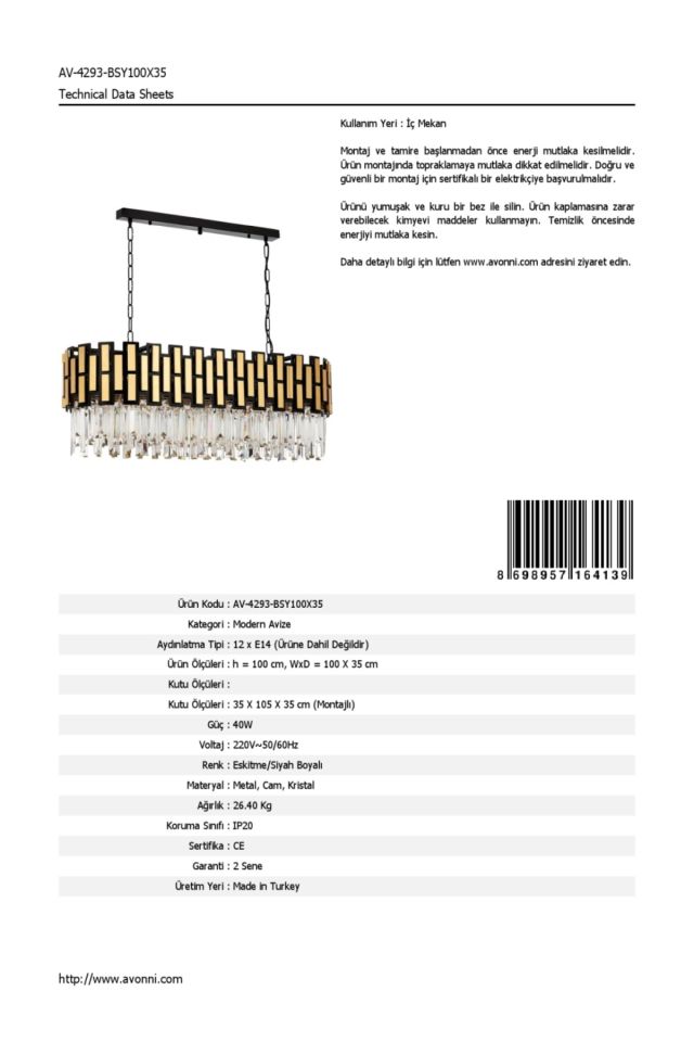 Tape Modern Avize E14 72W 100x35cm Metal Siyah Dorbien-AV-4293-BSY100X35