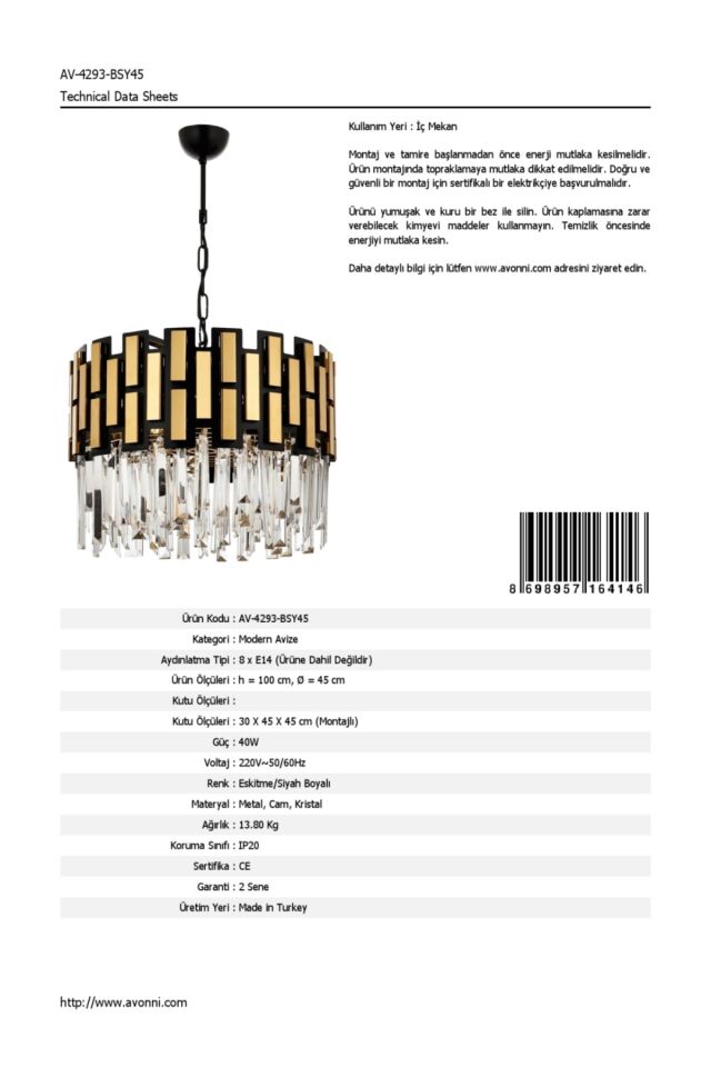 Tape Modern Avize E14 48W 45cm Metal Siyah Dorbien-AV-4293-BSY45