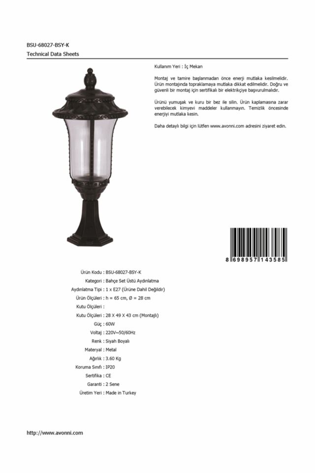 Bahçe Set Üstü Aydınlatma E27 12W 28cm Alüminyum Siyah Dorbien-BSU-68027-BSY-K